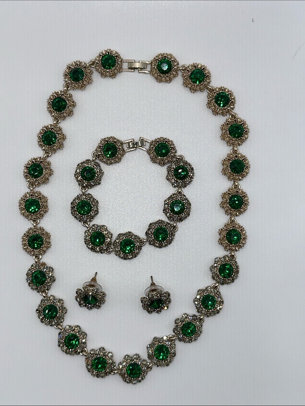 Vintage-Inspired Green Crystal Necklace, Bracelet & Earring Set
